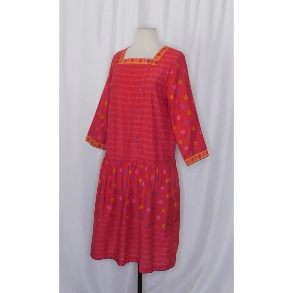 GUDRUN SJODEN Colorful Cotton Silk Dropwaist Dress Coffee Bean Print Floral‎ XS - Picture 5 of 11